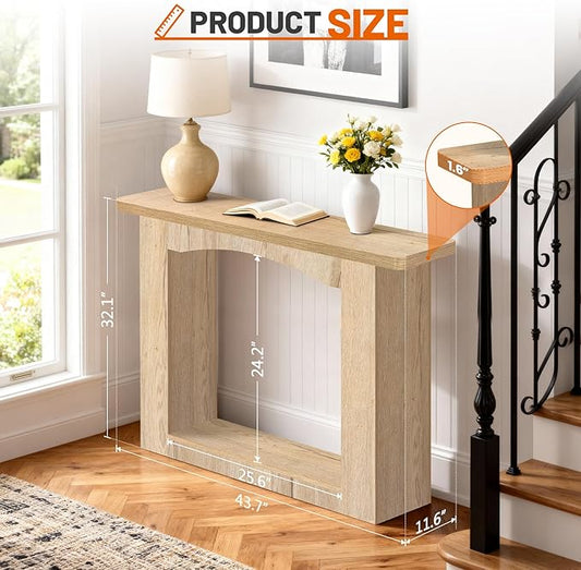 43 Inch Entryway Table U-Shaped Extension, 1.6 Inch Thick Desktop Wooden Console Table with Socket Farmhouse Sofa Table for Entrance, Hallway, Living Room,Behind Couch((Natural Brown)