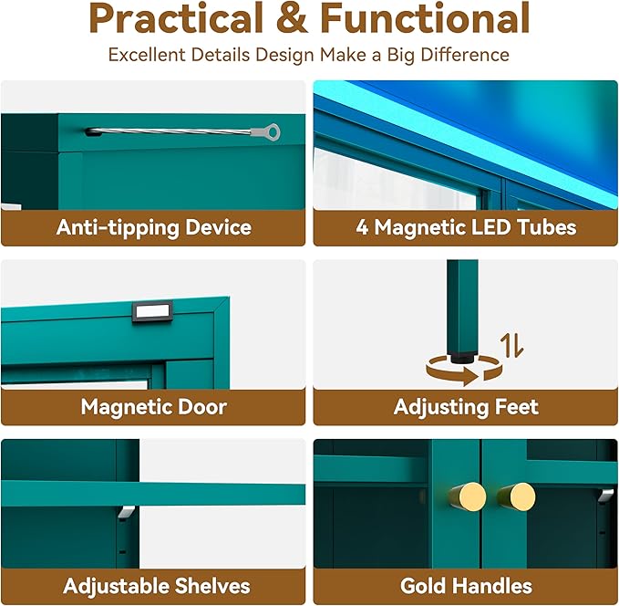 Glass Display Cabinet with Glass Doors, Metal Curio Cabinet with 8-Color LED Lights, 66 Inch Tall Display Case for Collectibles, Green Storage Cabinet for Living Room, Assembly Required