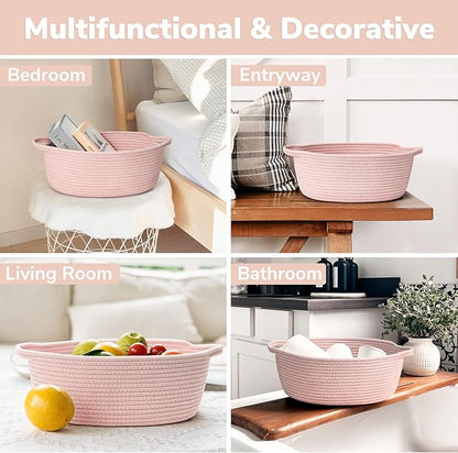 Goodpick Small Woven Basket for Gifting, Small Storage bins for Toys, Baby Gift Baskets for Nursery, Pink Rope Basket for Gifts, Decorative Baskets with Handles, 12" x 8" x 5"