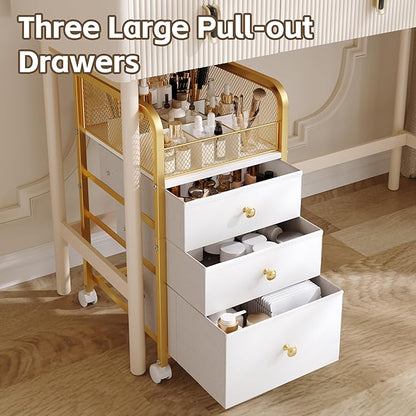 Rolling Makeup Vanity Cart, Makeup Organizer with Drawers, Rolling Makeup Bathroom Storage Cart, Cosmetic Vanity Display Cases Holder for Nail Polish Brush Hair Tool (Gold)