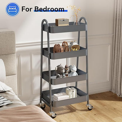 OLIXIS 4 Tier Utility Rolling Cart, Metal Mobile Storage Shelf with Lockable Caster Wheels, Organization for Livingroom, Bathroom & Narrow Places, 4-Tier Gray