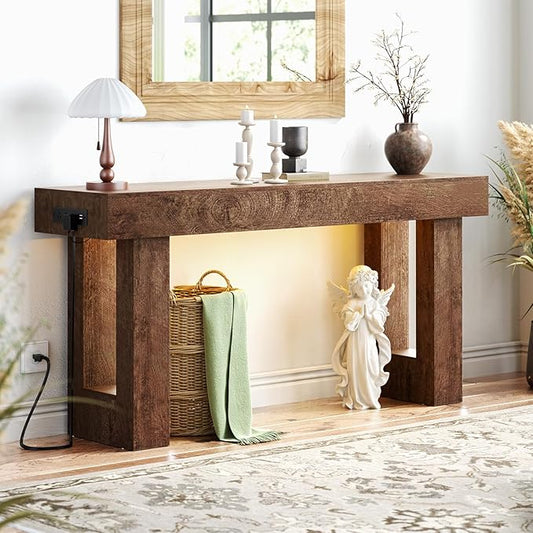 Unikito 63'' Farmhouse Console Table with Power Outlets and Sensor Light, Wooden Entryway Table with Storage, Rectangular Sofa Tables Behind The Couch for Entrance, Hallway, Living Room,