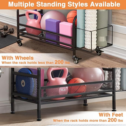 56'' Taller Home Gym Storage Organizer, Yoga Mat Storage Rack with Hanging Board, Exercise Workout Equipment Storage Stand for Home Gym, Dumbbell Holder Kettlebell Rack with Wheels and Hooks