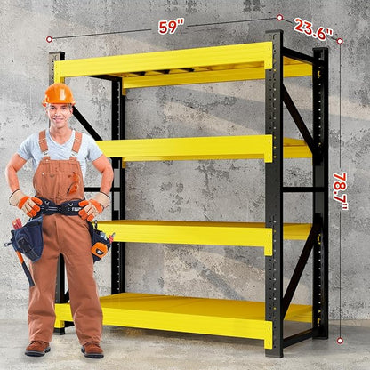 59" W Garage Storage Shelves, 3000LBS Garage Shelving Heavy Duty Adjustable Shelving Unit, 4 Tier Metal Utitly Shelves Industrial Shelving for Warehouses,Basement,Black Yellow