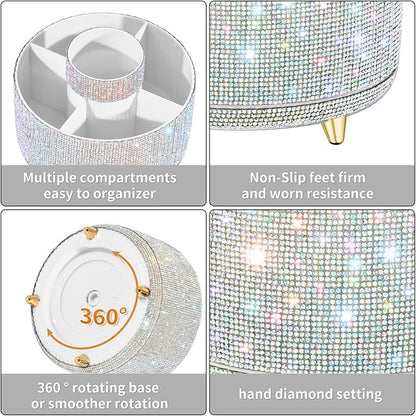Bling Diamond Makeup Brush Holder, 360° Rotating Makeup Organizer, 5 Slot Make up Brushes Cup for Countertop, Storage for Cosmetics Pen Eyeliner Skincare on the Vanity ((Diamond white AB)