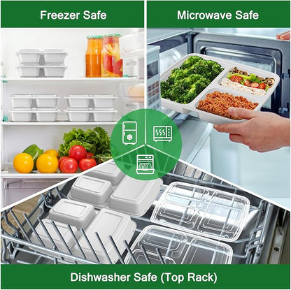 50 Pack (100-Piece) 32 oz Meal Prep Containers Reusable with Lids 3-Compartment, To Go Take Out Plastic Food Storage Containers, Sturdy Leakproof Food Safe, Microwave Freezer Dishwasher Safe, Silver