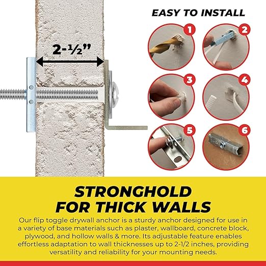 1/4”-20 Quick Easy Heavy Duty Toggle Anchors with Bolts - Hollow Wall Anchors with Steel Wings, Adjustable Up to 2 1/2" Thick Wall, Holds Up to 1080 Lbs, Heavy Duty Drill Bit Included (48 Pack)
