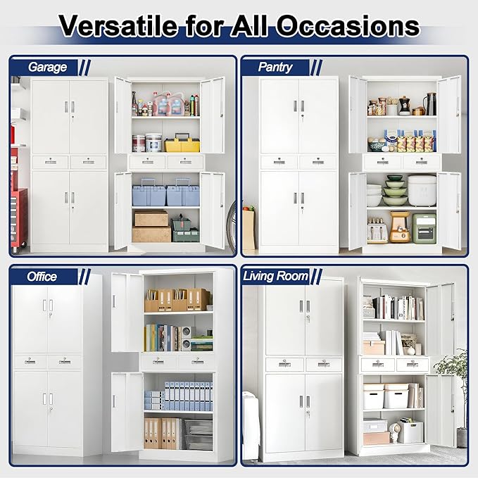 BESFUR Metal Garage Storage Cabinet with Two Drawers Locking Doors and 2 Adjustable Shelves, White Tall Storage Cabinets, Tool File Lockable Cabinet for Garage Office Warehouse Shop(71”H)