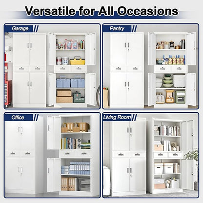 BESFUR Metal Garage Storage Cabinet with Two Drawers Locking Doors and 2 Adjustable Shelves, White Tall Storage Cabinets, Tool File Lockable Cabinet for Garage Office Warehouse Shop(71”H)
