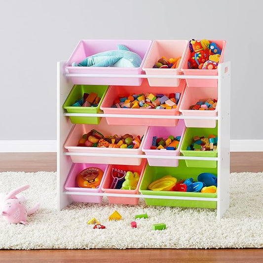 Amazon Basics Kids Toy Storage Organizer with 12 Plastic Bins, White Wood with Pink Bins, for Bedroom and Playroom, 10.9" D x 33.6" W x 31.1" H
