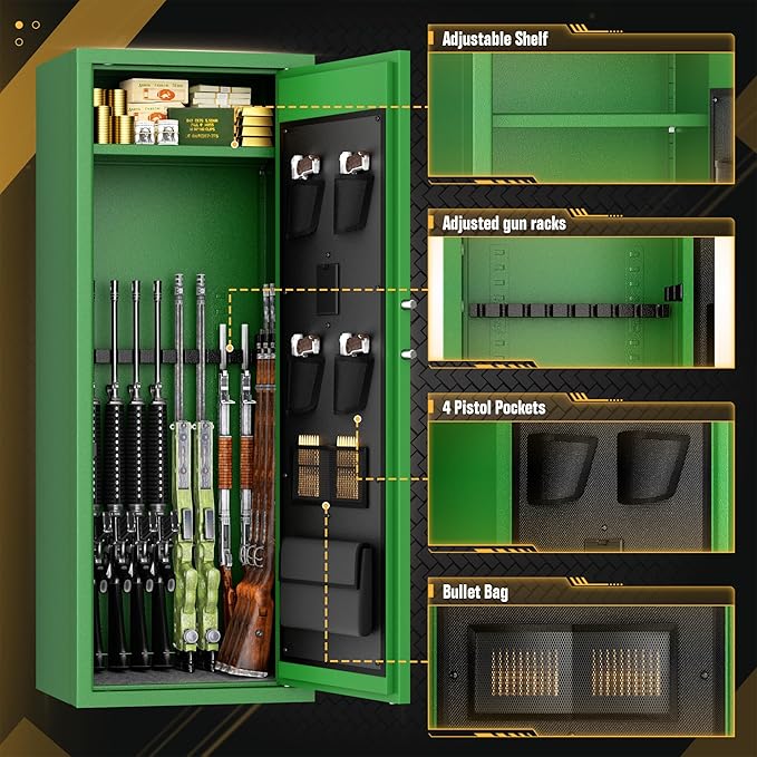 INTERGREAT Green Gun safes,Rifle Safe,Gun Safes for Home Rifle and Pistols, Long Gun Safe for Rifle Shotgun for Home,Quick Access Rifle Safes,Adjustable Shelves, Easy Assemble(8-12 guns)