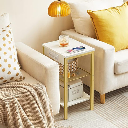 HOOBRO Side Table with Charging Station and USB Port, Small End Table for Small Space, 3-Tier Nightstand with Adjustable Shelf, for Living Room, Bedroom and Balcony, White and Gold DW112BZ01G1