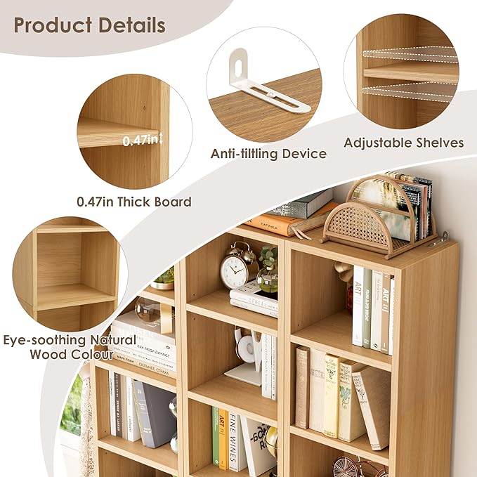 FOTOSOK 8-Tier Media Tower Rack, 11.6 X 9.3 X 71 Inches CD DVD Slim Storage Cabinet with Adjustable Shelves, Tall Narrow Bookcase Display Bookshelf for Home Office, Natural
