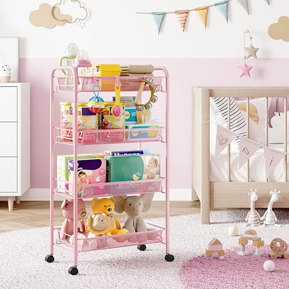 4-Tier Metal Utility Cart, Mesh Wire Rolling Cart on Wheels, Storage Trolley with Easy Assembly, Organizer Craft Cart 3 Hooks, Mobile Shelving Unit for Bathroom, Laundry Room, Home