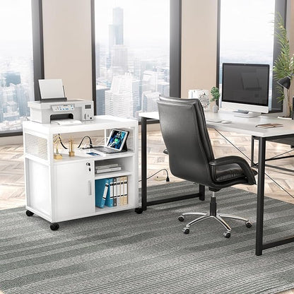 Unikito Rolling File Cabinet Lateral Office Filing Cabinets with Socket and USB Charging Port, Modern Printer Stand on Wheels, Printer Cabinet with Door and Open Storage, Lockable, White