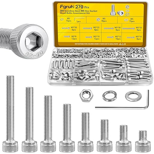 270pcs M5 Screws with Nuts Assortment kit, M5x8/10/12/16/20/25/30/35 mm 304 Stainless Steel Hex Socket Head Cap Screw Bolts Nuts Flat & Lock Washer Set