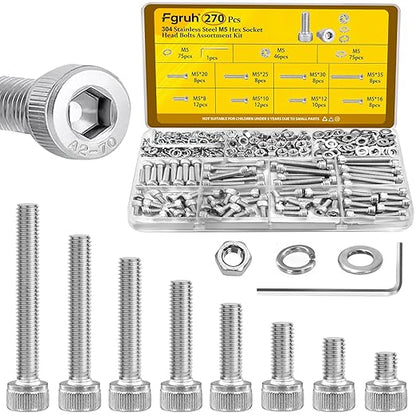 270pcs M5 Screws with Nuts Assortment kit, M5x8/10/12/16/20/25/30/35 mm 304 Stainless Steel Hex Socket Head Cap Screw Bolts Nuts Flat & Lock Washer Set