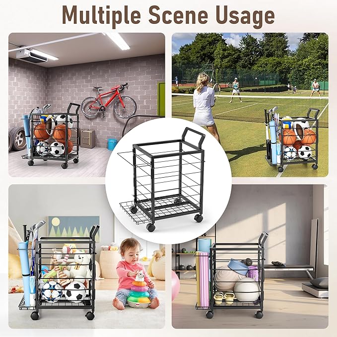 Sports Equipment Garage Organizer,Garage Ball Storage Rack for Sports with Wheels-Upgraded Sports Organizer Rack Outdoor Basketball Racks for Balls with Holder and Hooks (Black)