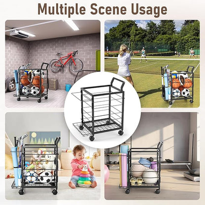 Sports Equipment Garage Organizer,Garage Ball Storage Rack for Sports with Wheels-Upgraded Sports Organizer Rack Outdoor Basketball Racks for Balls with Holder and Hooks (Black)
