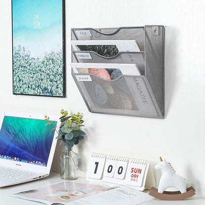 PAG Hanging Wall File Holder Mail Organizer Wall Mount Document Letter Rack, 3-Tier, Silver