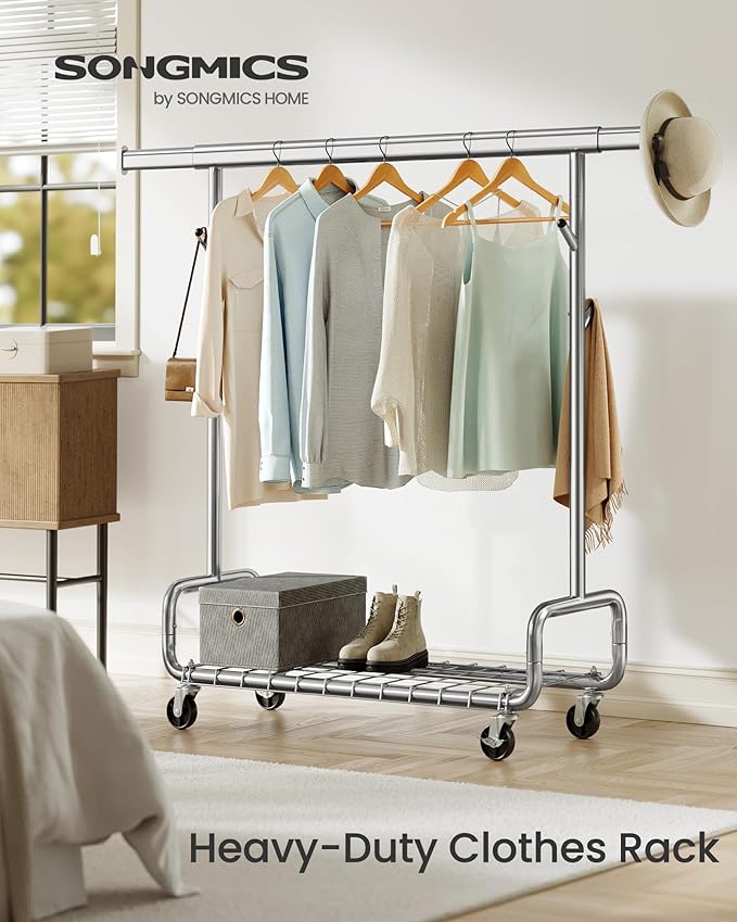 SONGMICS Clothes Rack, Heavy-Duty Rolling Clothing Garment Rack with Wheels, Extendable Hanging Rod and Adjustable Height, Portable, with Shelf and Hooks, Silver UHSR014E01