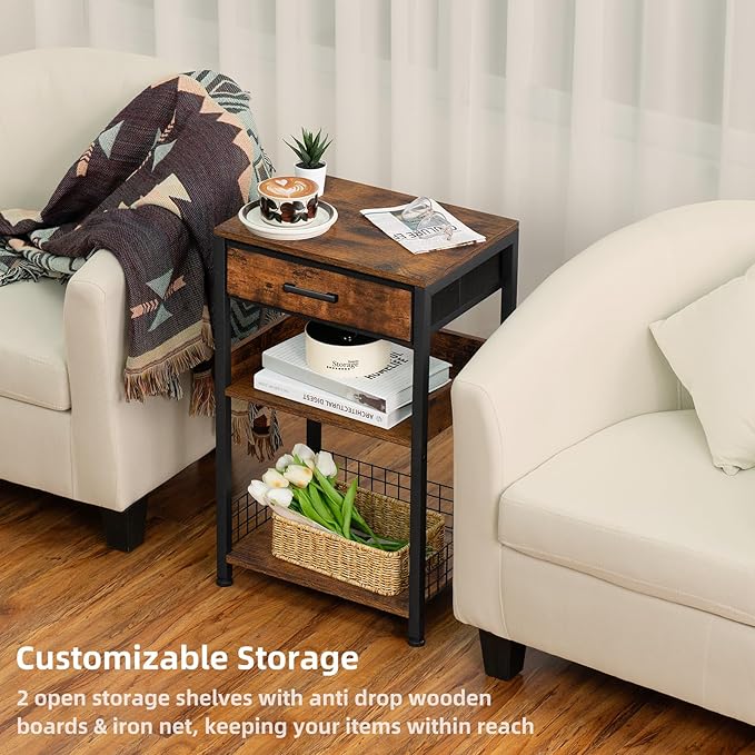 Lerliuo End Table with Fabric Drawer,3 Tier Industrial Wood Side Table with Storage,Modern Tall Printer Stand,Vintage Brown Nightstand,Rustic Bedside Tables for Living Room Bedroom Small Spaces
