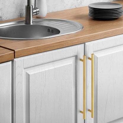 JOY DECOR 10 Pack Cabinet Handles, Gold Cabinet Pulls, 10 in Hole Center Kitchen Cabinet Handles, Stainless Steel T Bar Handles for Dresser Drawers
