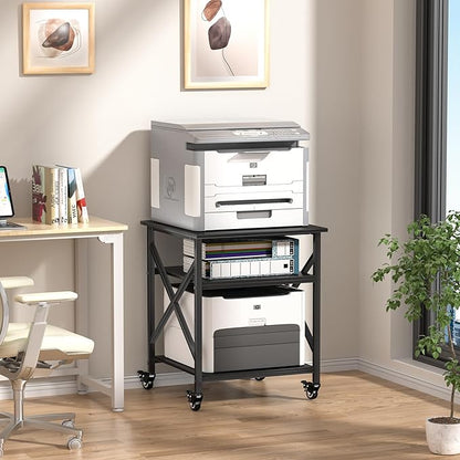 Printer Stand, 23.6 x 23.6 Inches Large Printer Stand with Adjustable Storage Shelf, 3 Tier Printer Table for Home Office, Rolling Printer Cart with Industrial Wheels, Mini Fridge Stand Table, Black