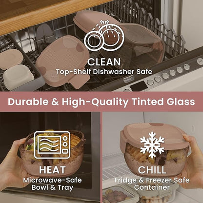 Bentgo Glass Prints Salad Container - 7.6-Cup Tinted Glass Salad Bowl with Airtight Lid, Leak-Proof Sauce Container, 4-Compartment Bento Meal Prep Tray & Reusable Fork (Mod Curve - Desert Rose)