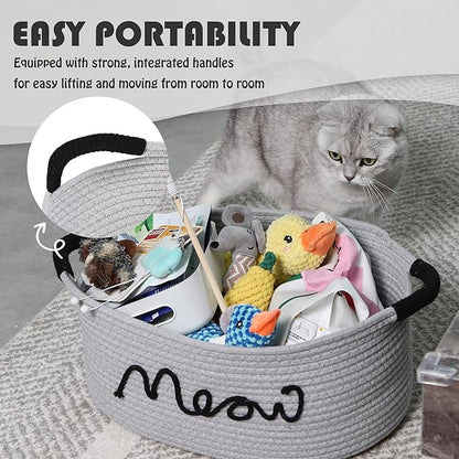 Sea Team Cat Toy Storage Basket with Handles, 16.5 x 11 x 7 Inches, 4.4 Gallons Large Cotton Rope Storage Bin, Shelf Basket, Organizer for Pet Chew Toys, Foods, Grey Meow