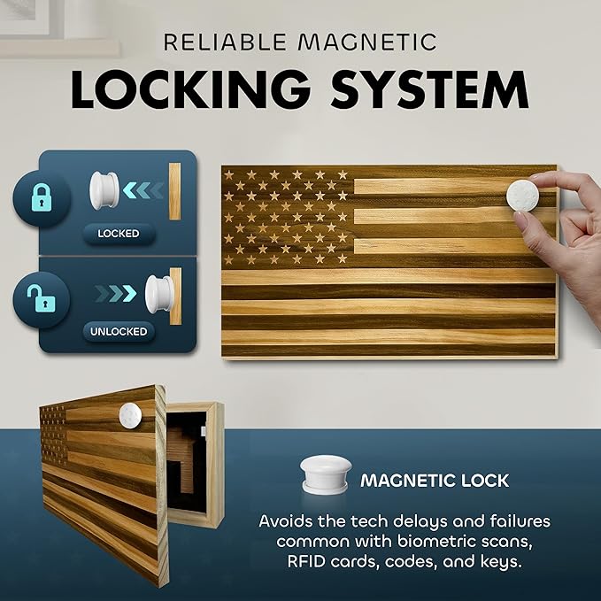 American Flag Hidden Gun Safe - Quick Access Hidden Gun Shelf - Concealment Shelf with Magnetic Lock - Wall Gun Safe for Secure Firearm Storage - Handcrafted In USA by Bellewood Designs (Natural)