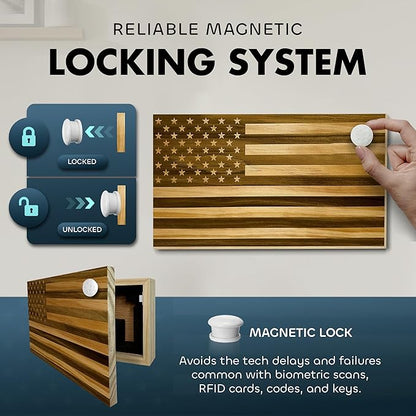 American Flag Hidden Gun Safe - Quick Access Hidden Gun Shelf - Concealment Shelf with Magnetic Lock - Wall Gun Safe for Secure Firearm Storage - Handcrafted In USA by Bellewood Designs (Natural)