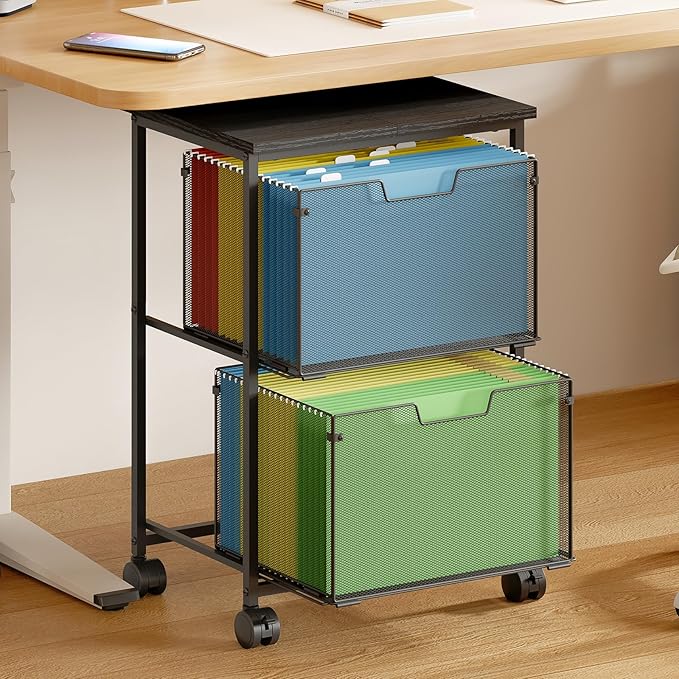 Letter/Legal Rolling File Cart with 2 Storage Drawers, Under Desk Storage, Vertical Filing Cabinet for Home Office, Hanging File Folders Organizer, Mobile Utility Cart Printer Stand, Black
