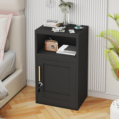 27" Metal Nightstand with Locked Doors, Small Sidetable with Storage Shelf, Storage Cabinet for Bedroom, Metal End Table for Home, Office Black