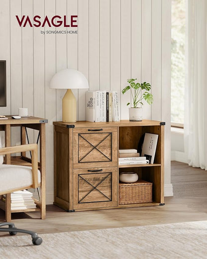 VASAGLE Lateral File Cabinet, Filing Cabinet with 2 Drawers, Printer Stand, 2 Open Compartments, Fit A4, Letter Size, Hanging File Folders, for Home Office, Farmhouse Style, Honey Brown UOFC049T41