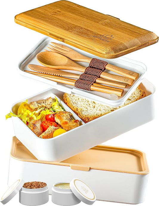 Umami Bento Box Adult All-In-1 w/4 Utensils, Big Sauce Jar, 2 Dividers, 100% Leakproof, Microwave & Dishwasher Safe, Stackable Bento Lunch Box Containers for Men/Women, White & Tan, 40 oz