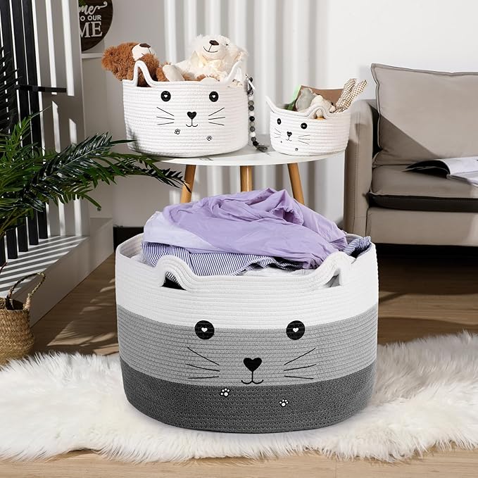 Zopeal Cat Basket Storage Woven Organizer with Ears Easter Decorative Gift Pet Toy Cute Cotton Rope Basket for Gift Cat Dog Toy Bin Nursery Room(21.7 x 13.8 Inch,White, Light Gray and Gray)
