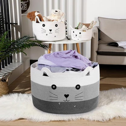 Zopeal Cat Basket Storage Woven Organizer with Ears Easter Decorative Gift Pet Toy Cute Cotton Rope Basket for Gift Cat Dog Toy Bin Nursery Room(21.7 x 13.8 Inch,White, Light Gray and Gray)