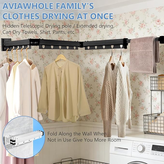 Clothes Drying Rack, Upgrade 3-Fold Wall Mounted Drying Rack Clothing, Laundry Space Saver Retractable Collapsible for Indoor Outdoor Balcony,Laundry,Bathroom, Grey