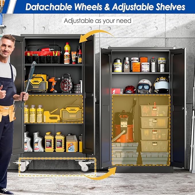 Metal Garage Storage Cabinet with Lock, 61” Tall Lockable File Cabinet with Wheels, Steel Tool Cabinet with 2 Door and 3 Adjustable Shelves, Rolling Cabinet for Home Office Garage Gym - Black