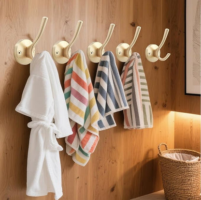Gold Wall Hooks, 6 Pack Coat Robe Hook Heavy Duty Metal Double Bath Hook Wall Mounted, Hand Towel Hooks for Cubicle Bathroom Kitchen Closet Garage