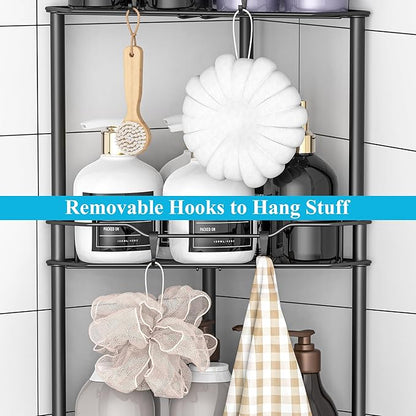 3 Tier Floor Standing Corner Shower Caddy Organizer Shelf with Hooks, Bathroom Shelves Stand Rack, Matt Black