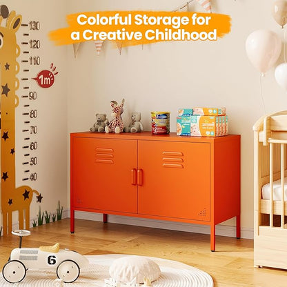 Orange Metal Storage Cabinet with 2 Doors and Adjustable Shelves, Multipurpose Metal Locker Accent Cabinet, 25" H TV Stand, Media Cabinet for Home, Office, Living Room,Kitchen, Music Studio