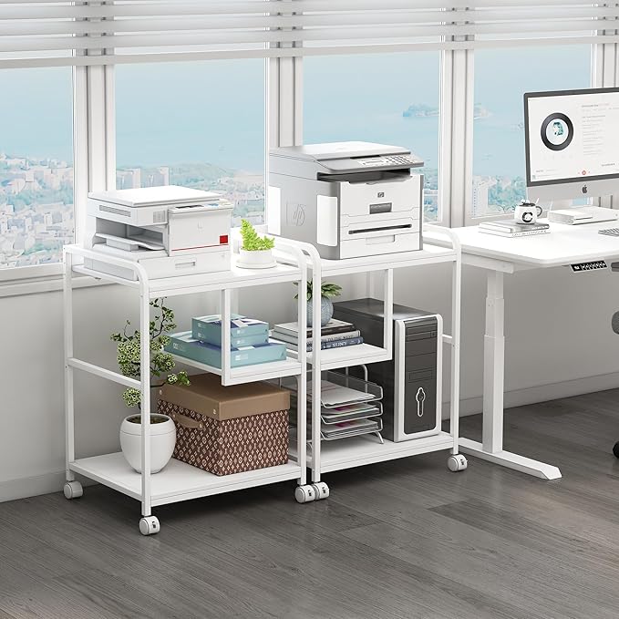 Large Printer Stand Table with Storage Shelf for Host Computer, PC Tower, CPU and Shredder, 3 Tier Rolling Printer Cart with Wheels for Home Office Storage and Organization - White