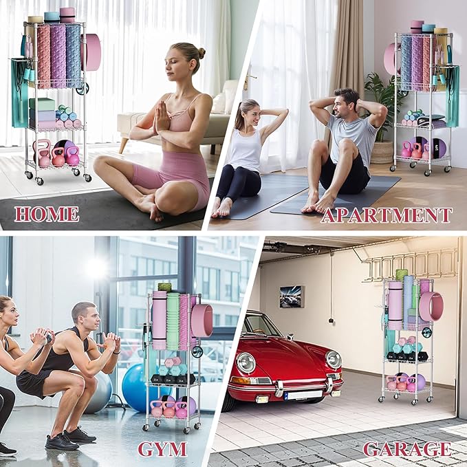 VOPEAK Home Gym Storage Rack with Wheels, Yoga Mat Storage Organizer for Kettlebells, Dumbbells, Resistance Bands, Space Saving 3-Tier Weight Rack for Home Gym, Garage, Easy to Install