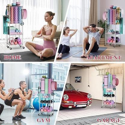 VOPEAK Home Gym Storage Rack with Wheels, Yoga Mat Storage Organizer for Kettlebells, Dumbbells, Resistance Bands, Space Saving 3-Tier Weight Rack for Home Gym, Garage, Easy to Install