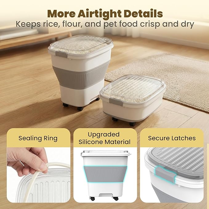 25-40Lbs Rice Container,Collapsible Food Storage Containers with Airtight Clear Lid,Wheels,Rice Storage Container with Small Bin and Scoop,Rice Dispenser for Flour Sugar Cereal Grain Dog Cat