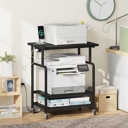 YAOHUOO 3 Tier Large Printer Stand with Power Outlet/Adjustable Storage Shelf, Rolling Cart with Wheels, Printer Table for Home Office 3D Printer/Heat Press/Laster, 23.6"×19.6" Black