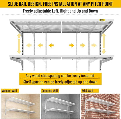 2 Tier 1.3x4ft Garage Shelving Wall Mounted, 15.6x48inch per Shelf Height Cassette Adjustable Floating Shelves (White)