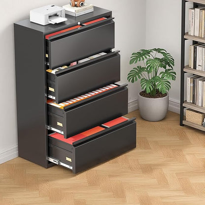 Bonusall File Cabinet, Lateral Filing Cabinet, 4 Drawer Metal File Cabinet with Lock, Lockable Filing Cabinet for Home Office, Hanging Files Letter/Legal/A4/F4 - Black